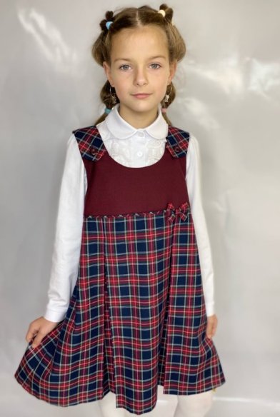 Сарафан Рита+ (бордовый+синяя клетка)